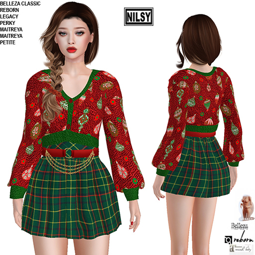 CHRISTMAS CARDIGAN&TARTAN SKIRT,MESH BODY