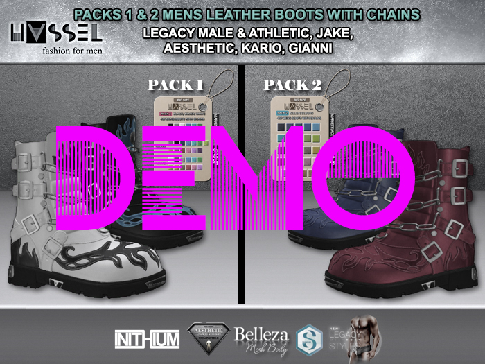 (HASSEL) DEMO MENS LEATHER BOOTS WITH CHAINS PACK 1 & 2 LEGACY MALE & ATHLETIC, KARIO, JAKE, AESTHETIC, GIANNI 437 