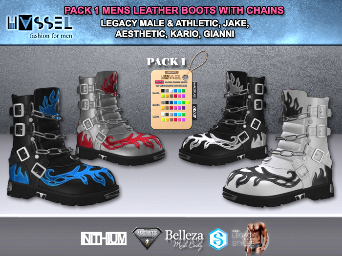 (HASSEL) PACK 1 MENS LEATHER BOOTS WITH CHAINS LEGACY MALE & ATHLETIC, KARIO, BELLEZA JAKE, AESTHETIC, GIANNI 437 
