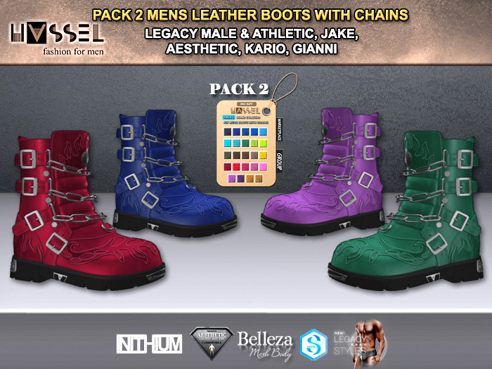 (HASSEL) PACK 2 MENS LEATHER BOOTS WITH CHAINS LEGACY MALE & ATHLETIC, KARIO, BELLEZA JAKE, AESTHETIC, GIANNI 437 