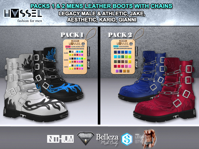 (HASSEL) MEGAPACK 1 & 2 MENS LEATHER BOOTS WITH CHAINS LEGACY MALE & ATHLETIC, KARIO, BELLEZA JAKE AESTHETIC GIANNI 437 