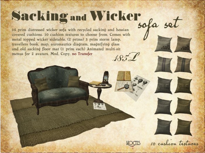 [noctis] Sacking and wicker sofa set (slate) BOXED