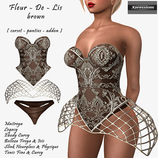[Xprs] - Fleur-De-Lis Corset Set Brown