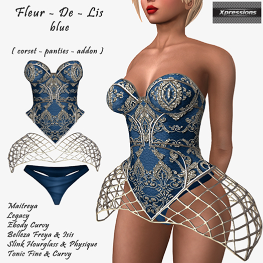 [Xprs] - Fleur-De-Lis Corset Set Blue