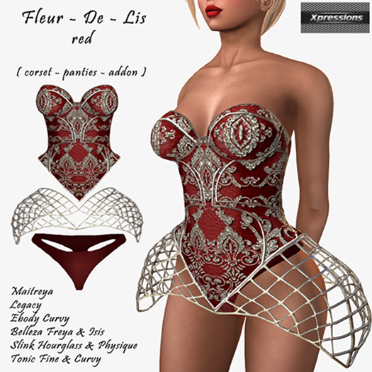 [Xprs] - Fleur-De-Lis Corset Set Ruby Red