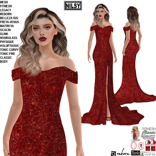 GLITTERED OFFSHOULDER GOWN,CL&MESH BODY