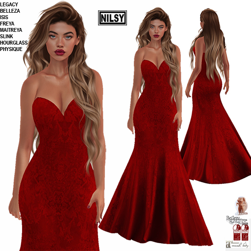 STRAPLESS RED LACE GOWN,MESH BODY