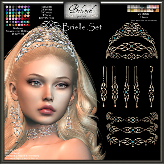 Beloved Jewelry : Brielle Set (Texture Change) Earrings, Chokers, Tiara, Belly Piercing Maitreya Reborn