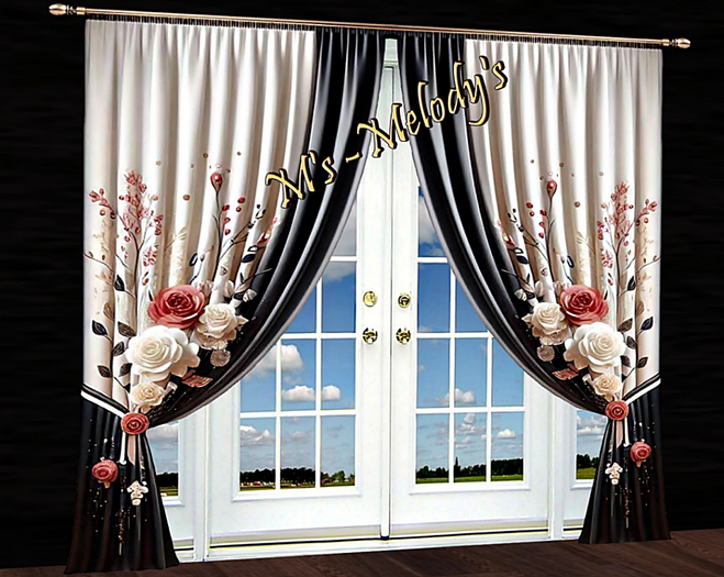 M's - Black and White Curtain with Roses