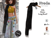 "Freda" Lila Long Scarf Black, Hand Knitted Needlework from Thick Cosy Yarn with Fringes, Rigged Mesh