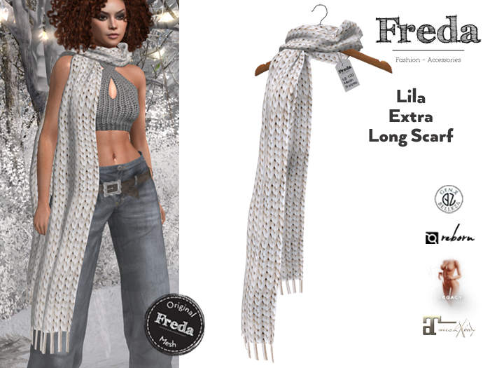 "Freda" Lila Long Scarf White, Hand Knitted Needlework from Thick Cosy Yarn with Fringes, Rigged Mesh
