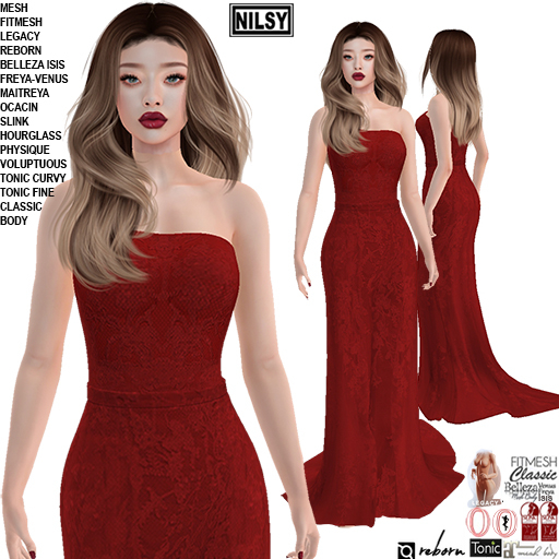 RED LACE STRAPLESS GOWN,CL&MESH BODY