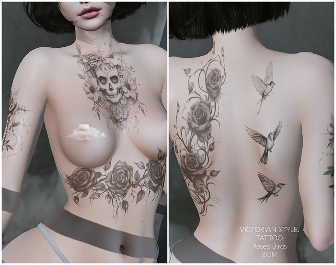 VictorianStyle. Tattoo. Roses Birds. 