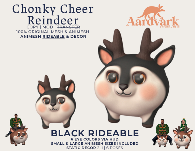 Reindeer Ridable Second Life Marketplace - Aardvark : Chonky Cheer Reindeer - Rideable Black
