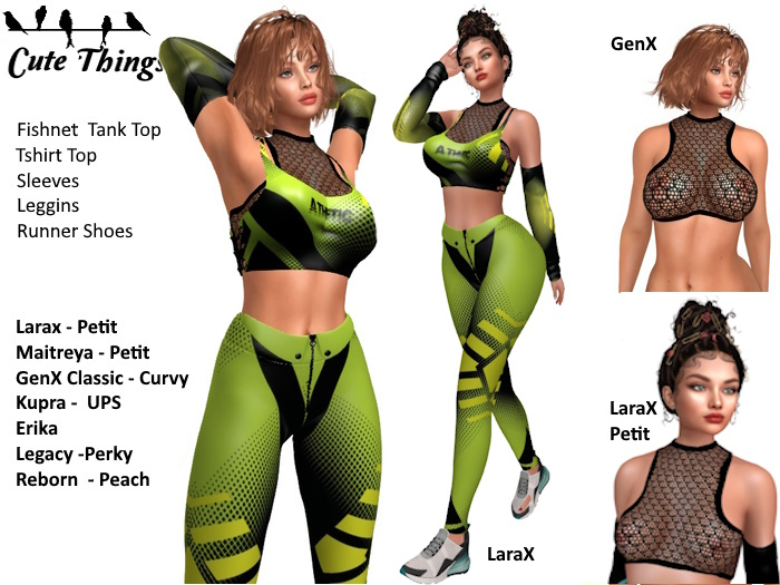 [CT] Athletic Outfit Green/Black - Larax, Maitreya,Petit, GenX, Legacy/Perky, Kupra/UPS, Erika, Reborn,Peach - DEMO