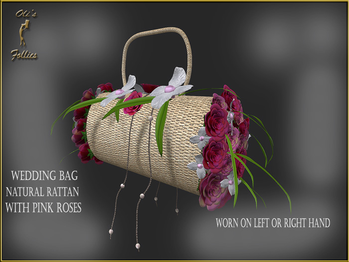 Oli's Follies wedding bag natural rattan pink roses