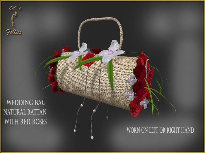 Oli's Follies wedding bag natural rattan red roses