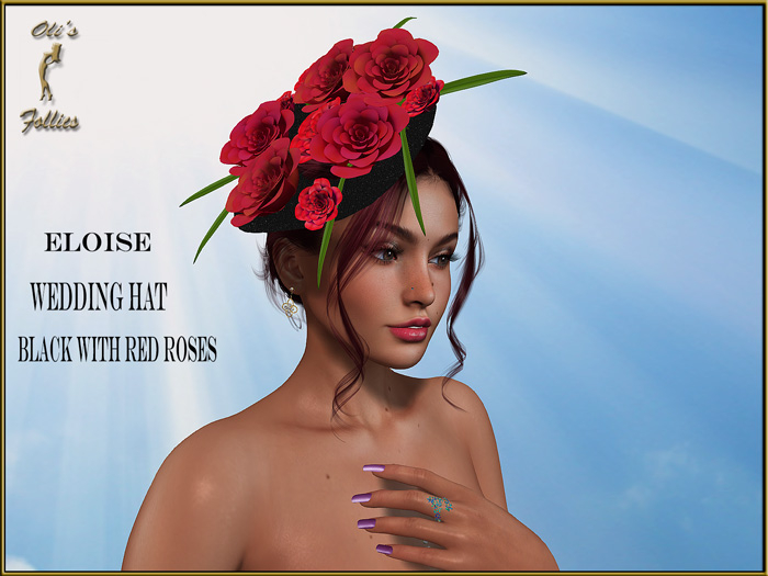 Oli's Follies "Eloise" wedding hat black and red roses