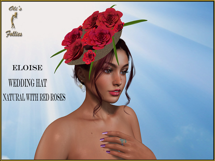 Oli's Follies "Eloise" wedding hat natural and red roses