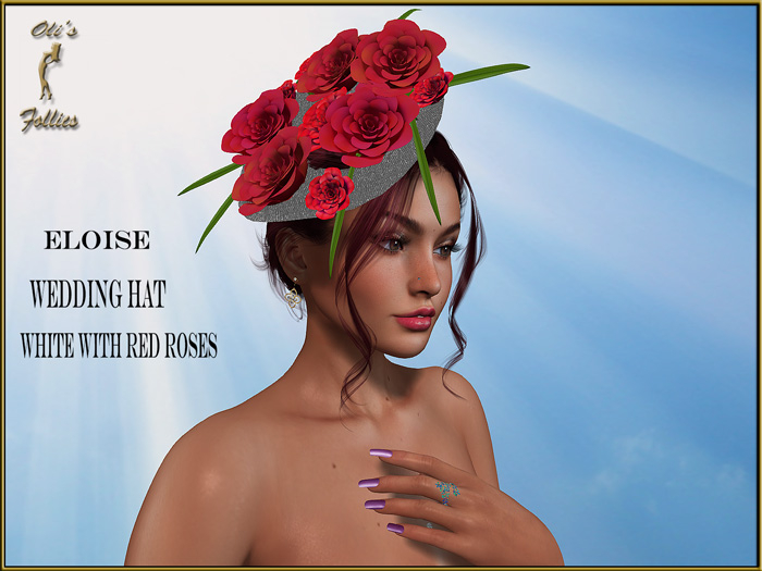 Oli's Follies "Eloise" wedding hat whitel and red roses