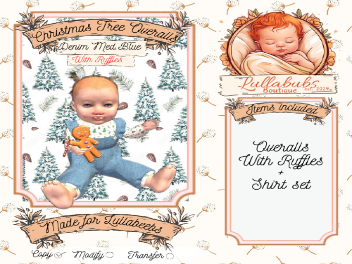 (LB) Xmas  tree Overalls Denim Med Blue W/ Ruffles  -Lullabeebs