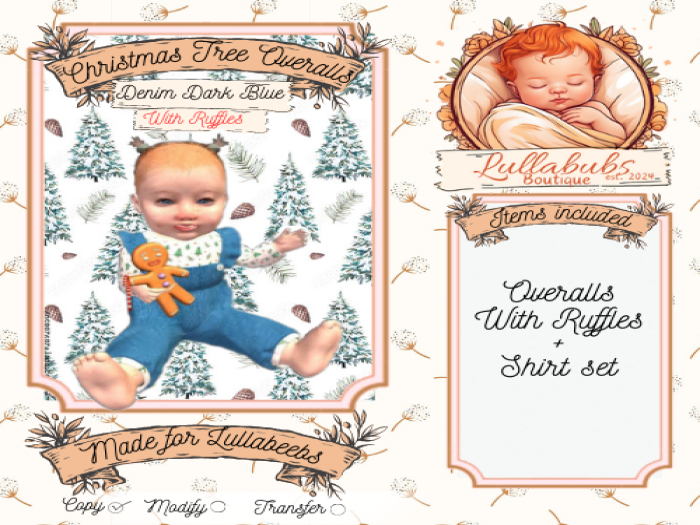 (LB) Xmas  tree Overalls Denim DarkBlue W/ Ruffles  -Lullabeebs