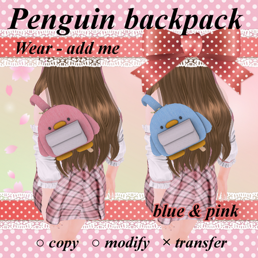 Penguin backpack - blue & pink