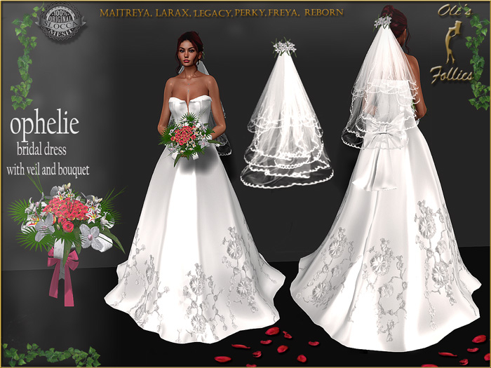 Oli's Follies "Ophelie" bridal dress with veil and bouquet maitreya, LaraX, freya legacy perky reborn