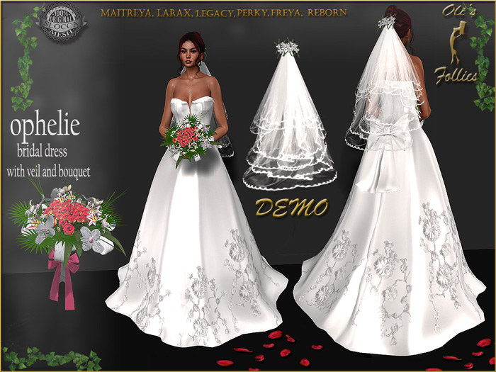 Oli's Follies "Ophelie" bridal dress with veil, bouquet DEMO maitreya, laraX, freya legacy perky reborn