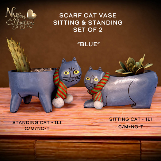 (NO) Scarf Cat Vase Set - Blue