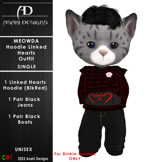 Meowda  Hoodie - Linked Hearts - BlkRed 