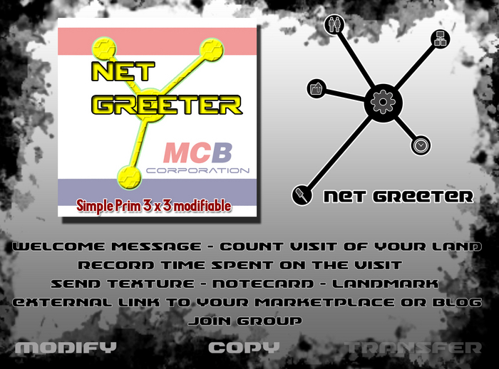 ::MCB:: Net Greeter v1.0 - Simple prim 3 X 3 - Monitor your entire land, check where the guest walk on your land.