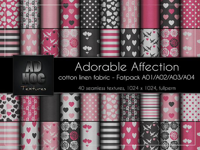 AD HOC - ADORABLE AFFECTION - Fatpack A01-A02-A03-A04 - Cotton Linen Fabric (hearts, dove, roses, etc.) Valentine's Day