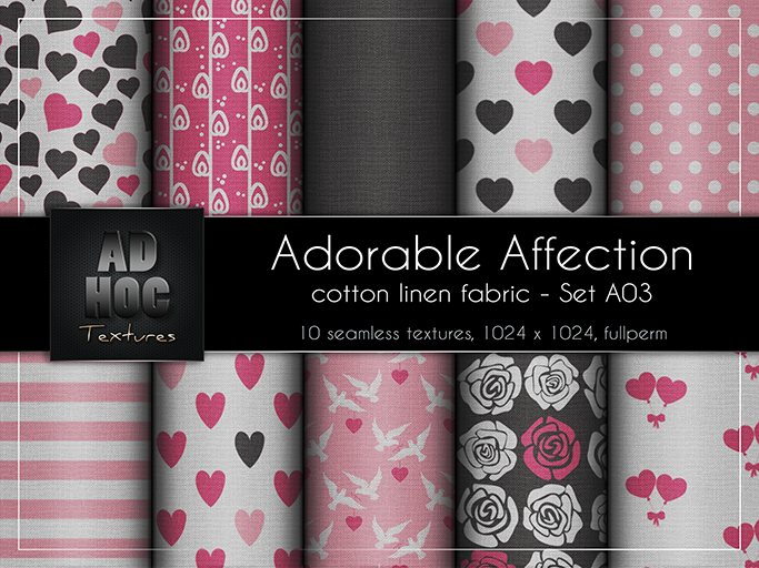 AD HOC - ADORABLE AFFECTION - Set A03 - Cotton Linen Fabric (hearts, dove, roses, etc.) Valentine's Day