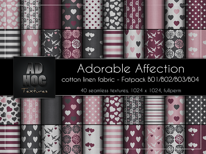 AD HOC - ADORABLE AFFECTION - Fatpack B01-B02-B03-B04 - Cotton Linen Fabric (hearts, dove, roses, etc.) Valentine's Day