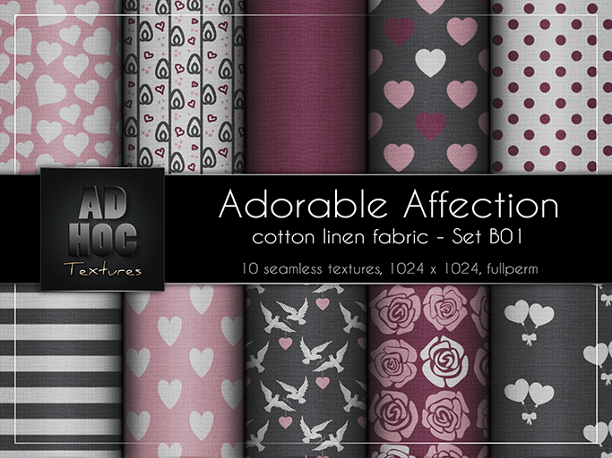 AD HOC - ADORABLE AFFECTION - Set B01 - Cotton Linen Fabric (hearts, dove, roses, etc.) Valentine's Day