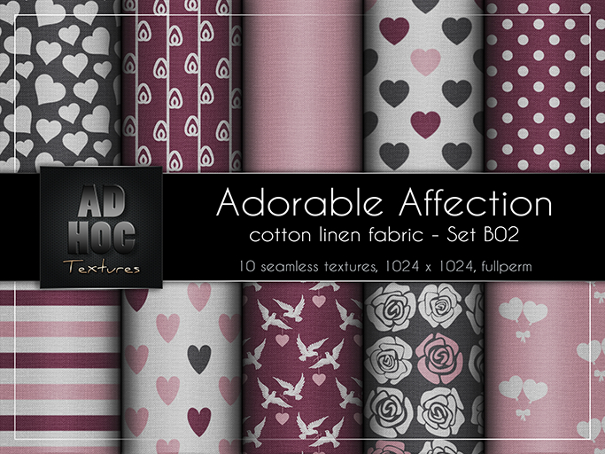 AD HOC - ADORABLE AFFECTION - Set B02 - Cotton Linen Fabric (hearts, dove, roses, etc.) Valentine's Day