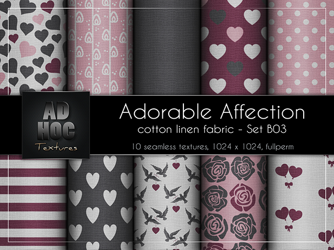 AD HOC - ADORABLE AFFECTION - Set B03 - Cotton Linen Fabric (hearts, dove, roses, etc.) Valentine's Day