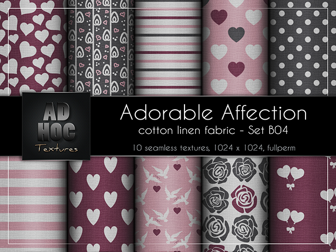 AD HOC - ADORABLE AFFECTION - Set B04 - Cotton Linen Fabric (hearts, dove, roses, etc.) Valentine's Day