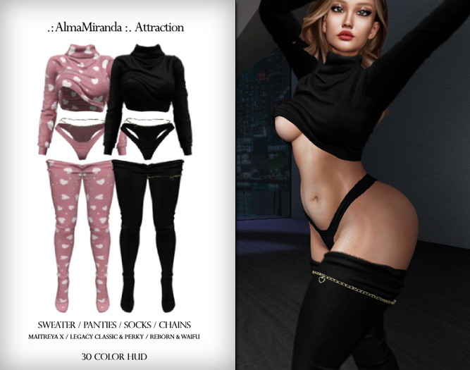 .: AlmaMiranda :. Attraction Pulled Up Sweater Panty Socks Sleep Over Belt Set LaraX Legacy Perky Reborn Waifu Outfit 