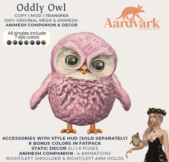 Aardvark : Oddly Owl  -  Pink 