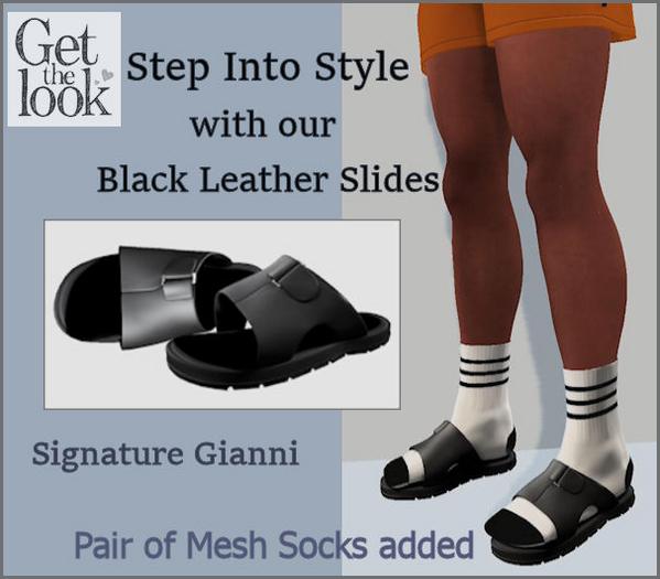 MENS BLACK LEATHER MESH SLIP ON SLIDES - WEAR WITH OR WITHOUT MESH SOCKS–THESE FLAT SHOES ARE FOR SIGNATURE GIANNI <NEW>