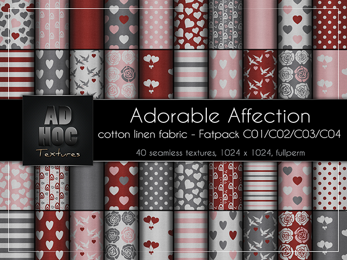AD HOC - ADORABLE AFFECTION - Fatpack C01-C02-C03-C04 - Cotton Linen Fabric (hearts, dove, roses, etc.) Valentine's Day