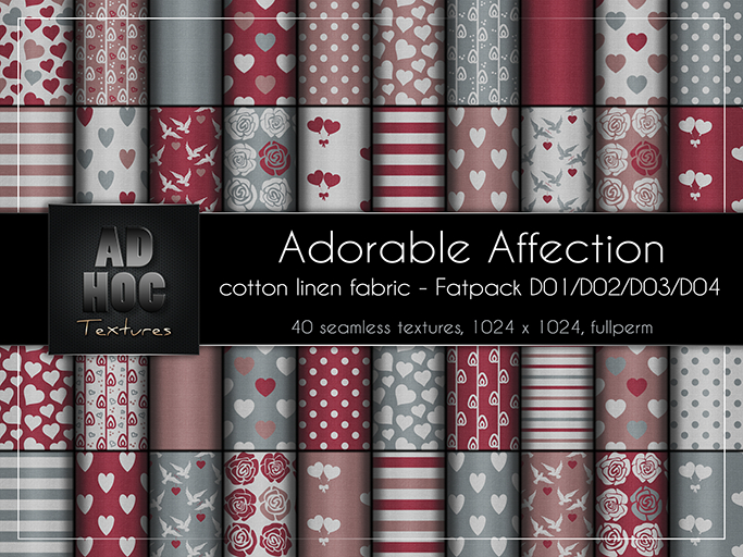 AD HOC - ADORABLE AFFECTION - Fatpack D01-D02-D03-D04 - Cotton Linen Fabric (hearts, dove, roses, etc.) Valentine's Day