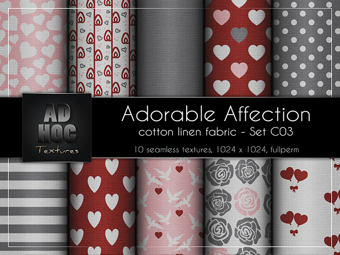 AD HOC - ADORABLE AFFECTION - Set C03 - Cotton Linen Fabric (hearts, dove, roses, etc.) Valentine's Day