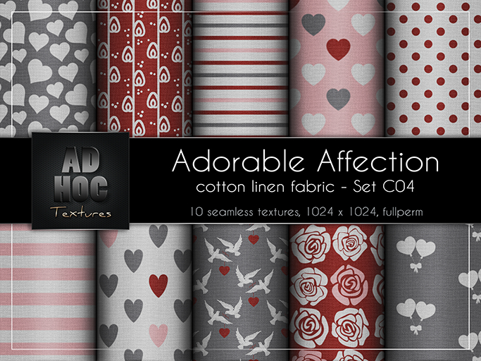 AD HOC - ADORABLE AFFECTION - Set C04 - Cotton Linen Fabric (hearts, dove, roses, etc.) Valentine's Day