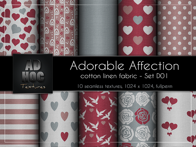 AD HOC - ADORABLE AFFECTION - Set D01 - Cotton Linen Fabric (hearts, dove, roses, etc.) Valentine's Day