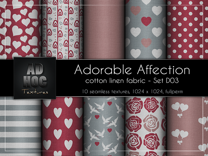 AD HOC - ADORABLE AFFECTION - Set D03 - Cotton Linen Fabric (hearts, dove, roses, etc.) Valentine's Day