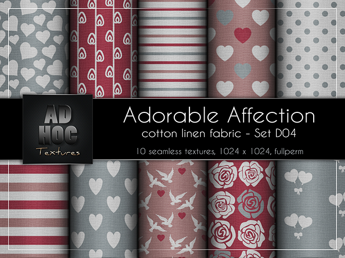 AD HOC - ADORABLE AFFECTION - Set D04 - Cotton Linen Fabric (hearts, dove, roses, etc.) Valentine's Day