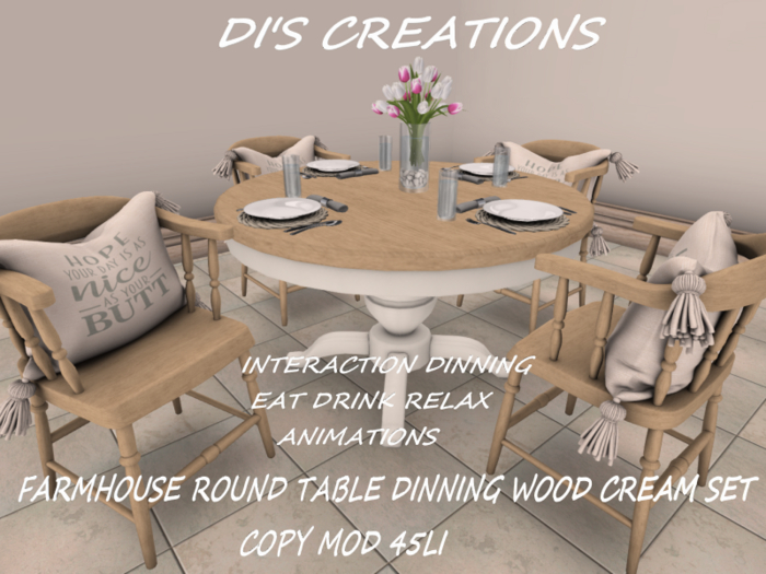 FARMHOUSE ROUND TABLE DINNING WOOD CREAM SET